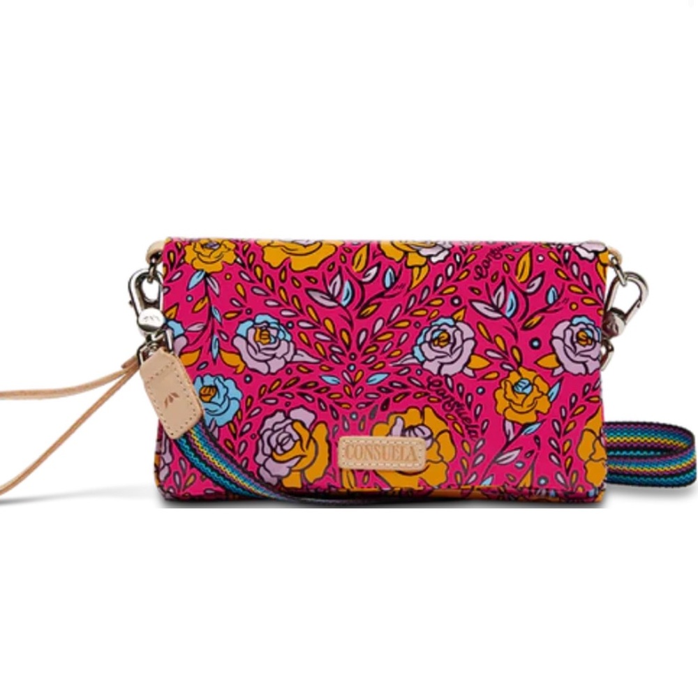 Consuela Pink Floral Crossbody Bag with Multicolor Strap